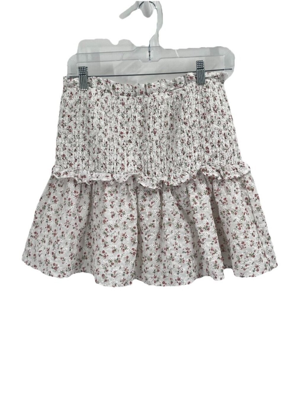 Moodie Floral Smocked Ruffle Mini Skirt Sz M White Pink Cottagecore Prairie